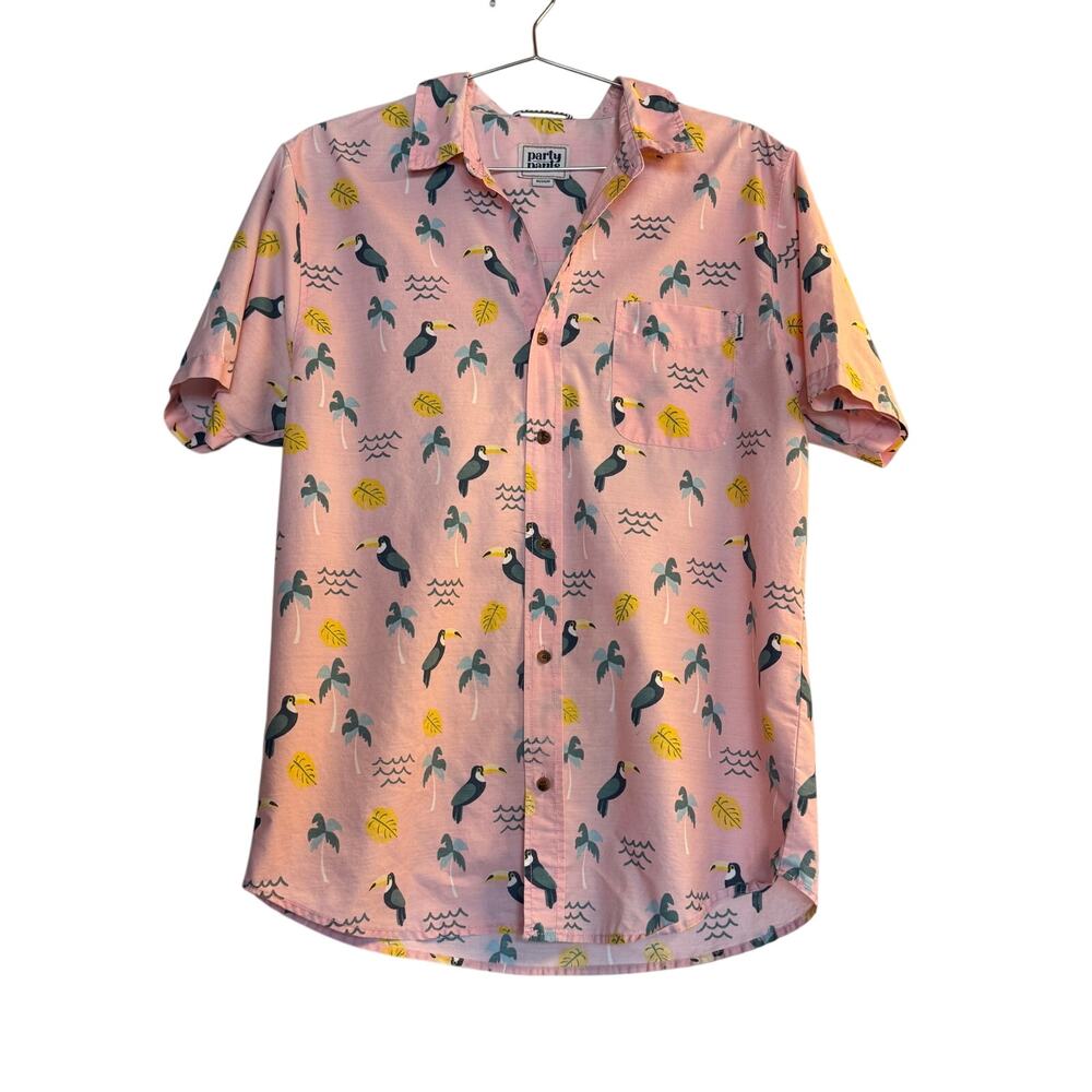 Party Pants Men's Medium "Toucan Party" Short Sleeve Button Down Shirt - Pink